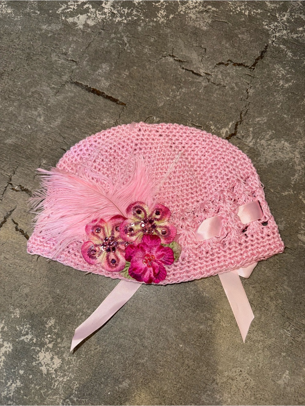 Pink Floral Crochet Baby Hat with Feather Accent